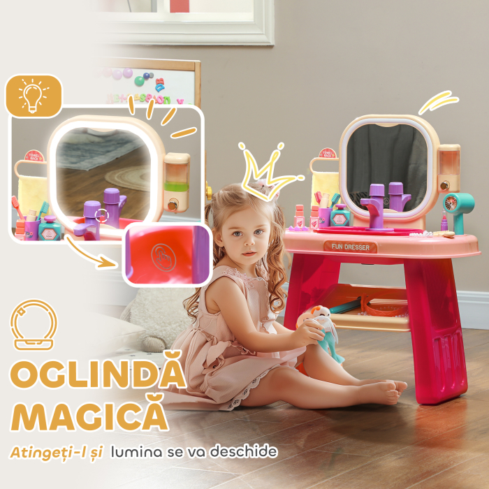  Masa de Toaleta pentru Fetite 3-6 Ani cu Oglinda din Acrilic si Robinet, Jucarie pentru Copii din Plastic, 55x29x71 cm, Roz [4]