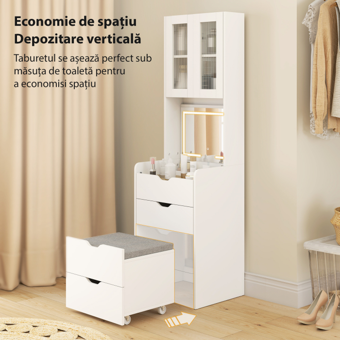  Masa de Toaleta pentru Machiaj cu Oglinda Iluminata si Taburet, Lumina Reglabila, Sertare si Dulap, Alb [5]