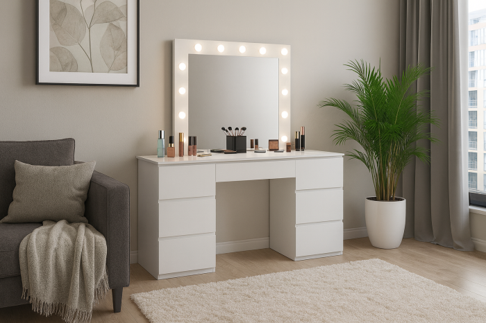 Masa de toaleta si machiaj, cu oglinda LED si 7 sertare, 132x43x152 cm, alb [4]