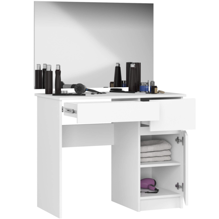 Masa de toaleta si machiaj cu oglinda mare, 2 sertare si dulap, PAL laminat 16 mm, 90x50x142 cm, alba [5]