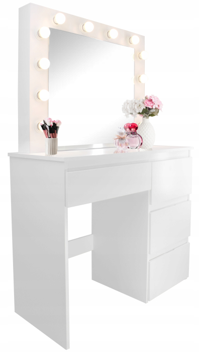 Masa de toaleta si machiaj Hollywood Pro, alba, cu 4 sertare, oglinda si 12 LED-uri, 90x40x140 cm [8]