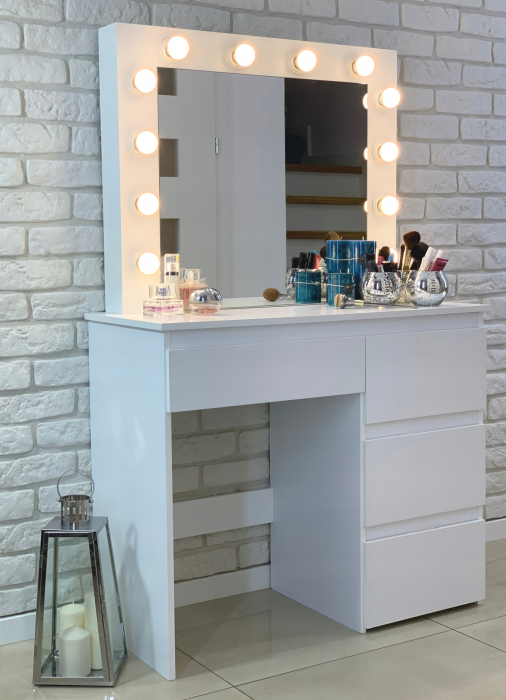 Masa de toaleta si machiaj Hollywood Pro, alba, cu 4 sertare, oglinda si 12 LED-uri, 90x40x140 cm [6]