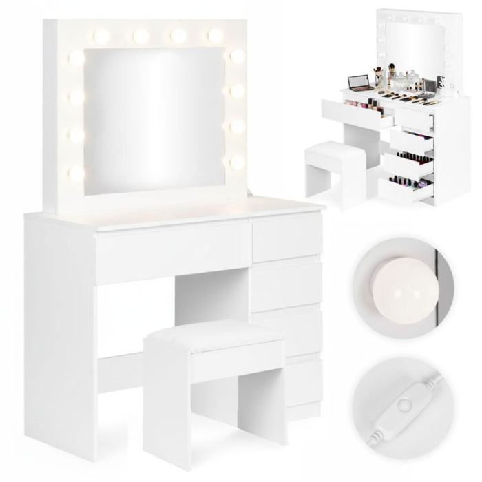 Masa de toaleta si machiaj Hollywood Pro, alba, cu 5 sertare, oglinda si 12 LED-uri, taburet tapitat, 94x43x140 cm [12]