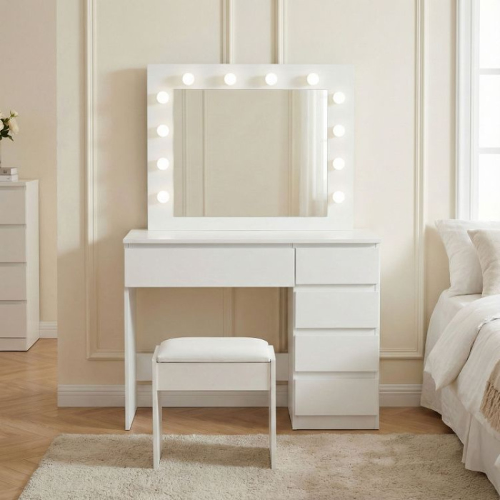 Masa de toaleta si machiaj Hollywood Pro, alba, cu 5 sertare, oglinda si 12 LED-uri, taburet tapitat, 94x43x140 cm [10]