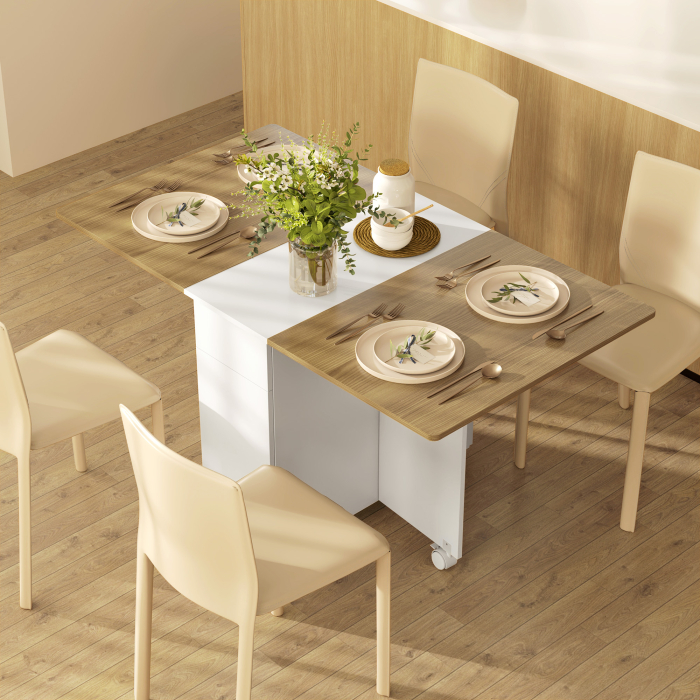  Masa dreptunghiulara extensibila cu 2 sertare si un dulap din lemn, 140x76x74 cm, alb si lemn natural [2]