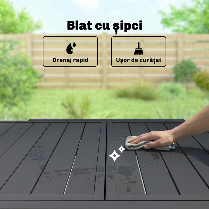  Masa Extensibila cu sipci pentru Gradina, 4-6 Persoane, din Aluminiu si Otel, 80/160x80 cm, Negru [5]