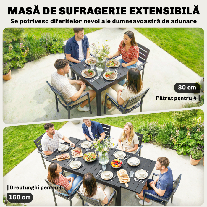  Masa Extensibila cu sipci pentru Gradina, 4-6 Persoane, din Aluminiu si Otel, 80/160x80 cm, Negru [4]