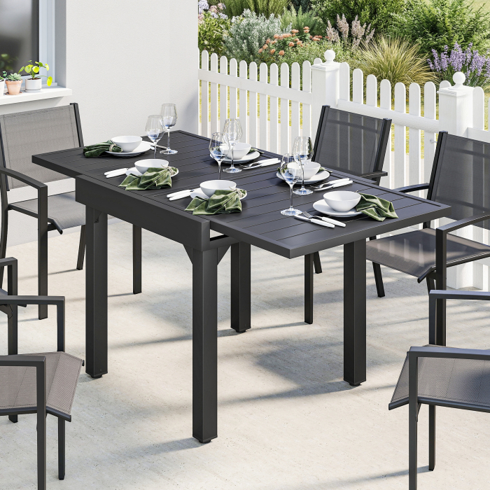  Masa Extensibila cu sipci pentru Gradina, 4-6 Persoane, din Aluminiu si Otel, 80/160x80 cm, Negru [2]