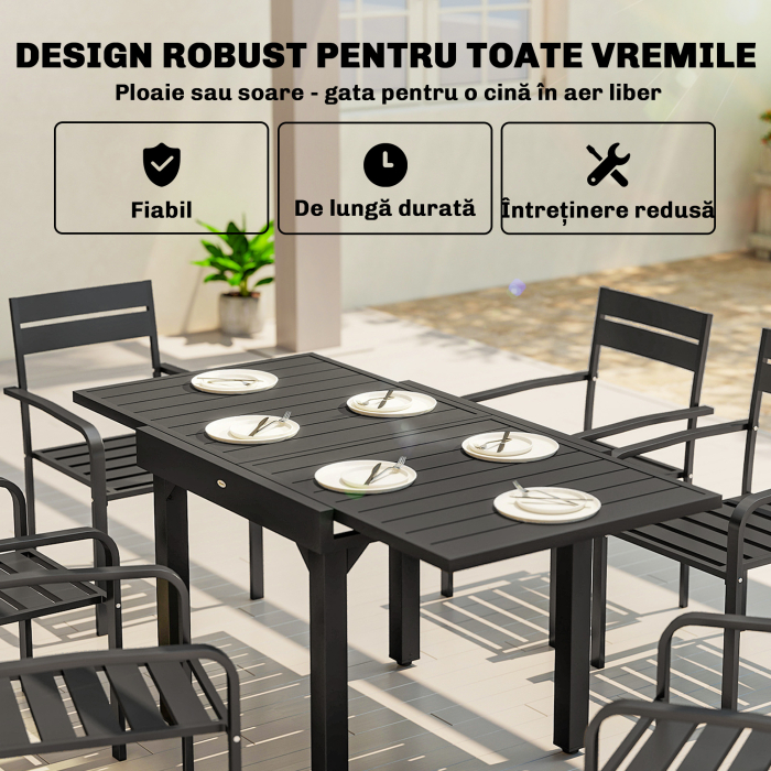  Masa Extensibila cu sipci pentru Gradina, 4-6 Persoane, din Aluminiu si Otel, 80/160x80 cm, Negru [6]
