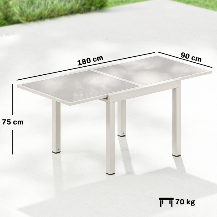  Masa Extensibila din Aluminiu pentru Exterior, Blat din Sticla Temperata, Crem. [3]