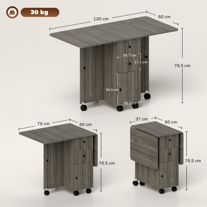  Masa Extensibila pe 6 Roti cu 2 Sertare si Dulap cu Usi, din Lemn, 120x60x76.5 cm, Gri [3]