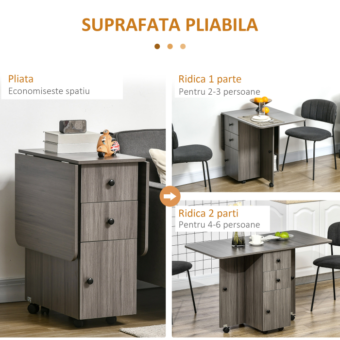  Masa Extensibila pe 6 Roti cu 2 Sertare si Dulap cu Usi, din Lemn, 120x60x76.5 cm, Gri [5]