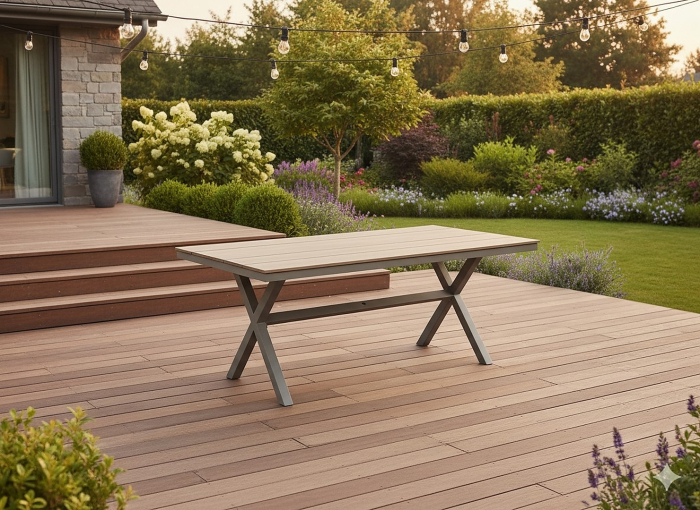 Masa gradina dreptunghiulara din aluminiu cu blat aspect lemn, 150x90x74 cm, bej [4]