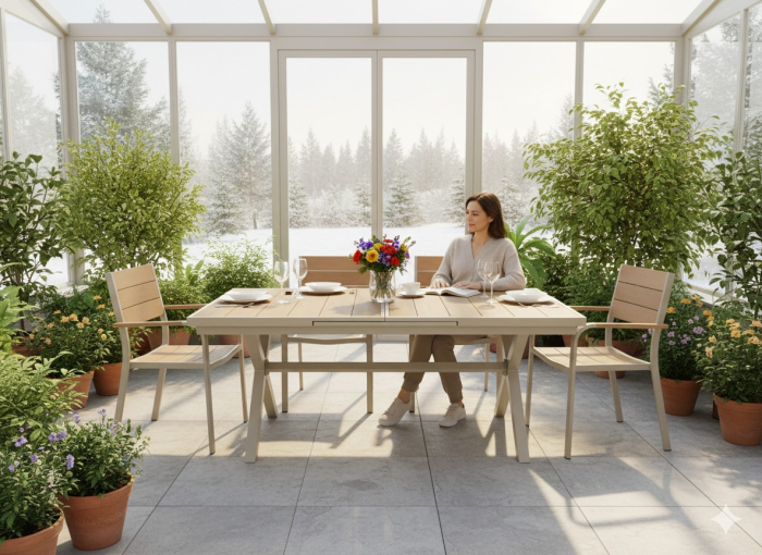 Masa gradina extensibila 180-240 cm din aluminiu cu blat aspect lemn, 180-240x90x76 cm, bej [4]