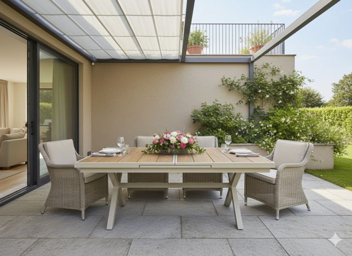 Masa gradina extensibila 180-240 cm din aluminiu cu blat aspect lemn, 180-240x90x76 cm, bej [6]