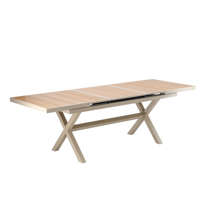 Masa gradina extensibila 180-240 cm din aluminiu cu blat aspect lemn, 180-240x90x76 cm, bej [9]