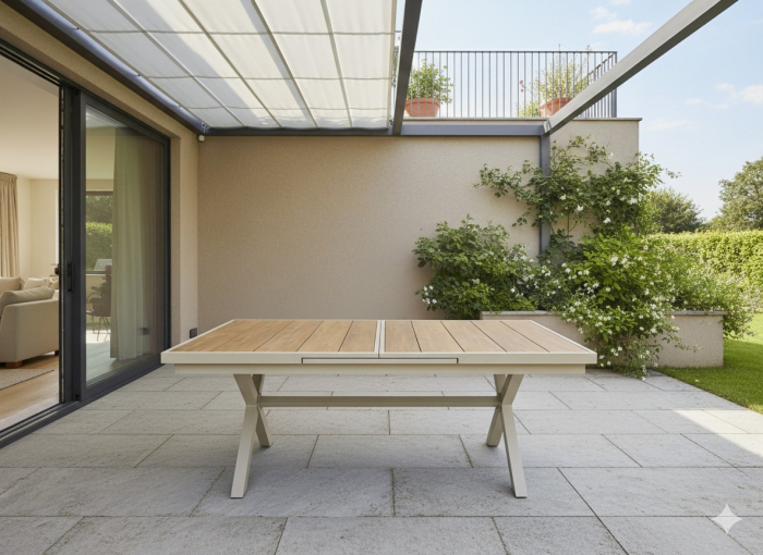 Masa gradina extensibila 180-240 cm din aluminiu cu blat aspect lemn, 180-240x90x76 cm, bej [5]