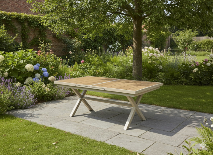 Masa gradina extensibila 180-240 cm din aluminiu cu blat aspect lemn, 180-240x90x76 cm, bej [3]