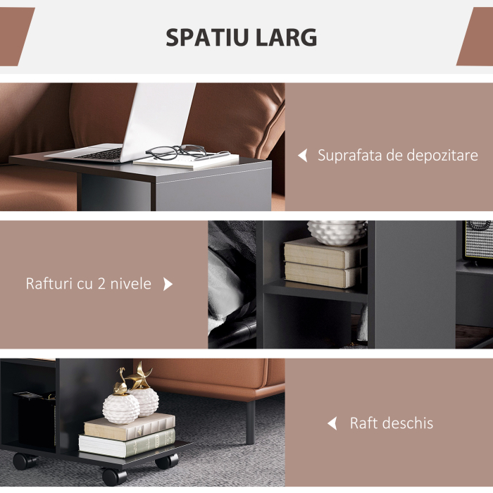  Masa laterala in forma de C cu 2 rafturi deschise si 4 roti pivotante, PAL, 45x35x58cm, negru [4]