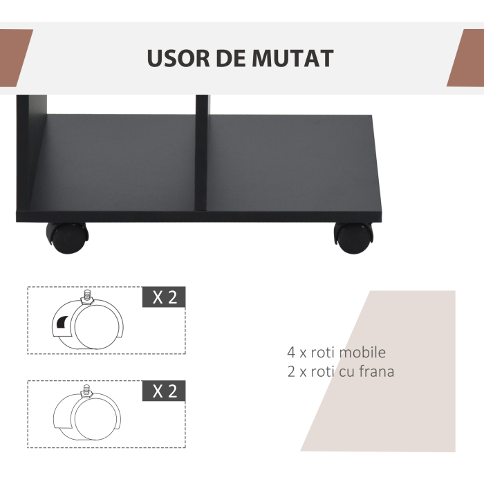  Masa laterala in forma de C cu 2 rafturi deschise si 4 roti pivotante, PAL, 45x35x58cm, negru [6]