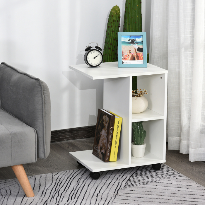  Masa Living cu 2 rafturi deschise si 4 roti pivotante, MDF, 45x35x58cm, alb [2]