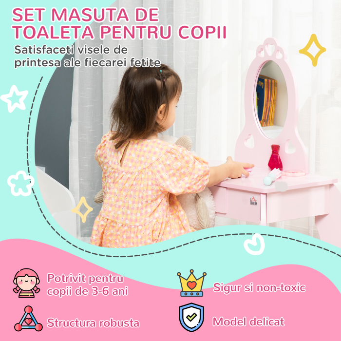  Masa Machiaj Copii - Cu Oglinda, Sertar & Scaun Asortat [4]