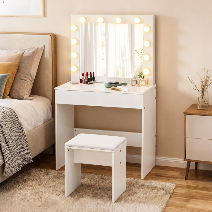  Masa Machiaj cu Oglinda LED 12 Lumini, Set cu Scaun Tapitat si Sertar Spatios, Mobilier pentru Dormitor, 80x40x140 cm, Alb [7]