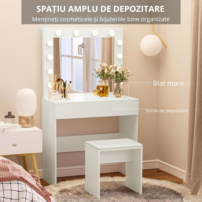  Masa Machiaj cu Oglinda LED 12 Lumini, Set cu Scaun Tapitat si Sertar Spatios, Mobilier pentru Dormitor, 80x40x140 cm, Alb [4]