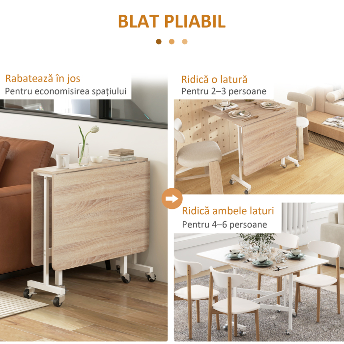  Masa Moderna Pliabila cu 2 Extensii si Roti, din PAL si Otel, 120x80x73cm, Maro [5]