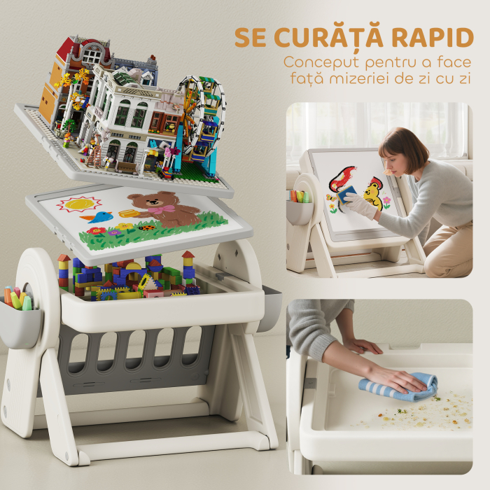  Masa Multifunctionala pentru Copii cu Raft de Depozitare si Sertare, din HDPE si PP, Gri si Alb [8]