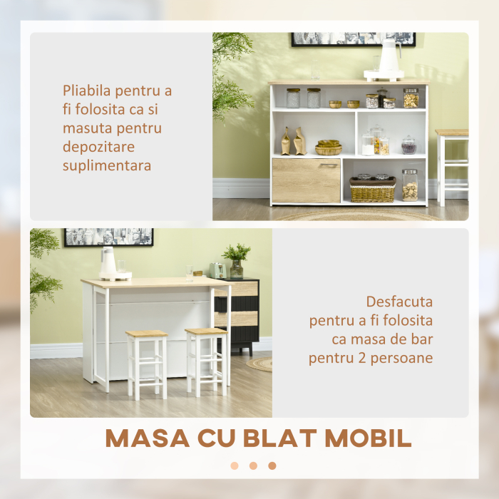  Masa pentru Bar Moderna si Extensibila din MDF pentru 2 Persoane cu 4 Rafturi deschise si Dulapior, 116x79.5x91 cm, Alb si Lemn natur [4]