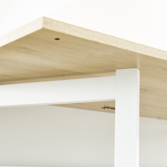  Masa pentru Bar Moderna si Extensibila din MDF pentru 2 Persoane cu 4 Rafturi deschise si Dulapior, 116x79.5x91 cm, Alb si Lemn natur [9]