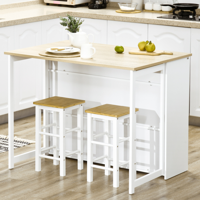  Masa pentru Bar Moderna si Extensibila din MDF pentru 2 Persoane cu 4 Rafturi deschise si Dulapior, 116x79.5x91 cm, Alb si Lemn natur [6]