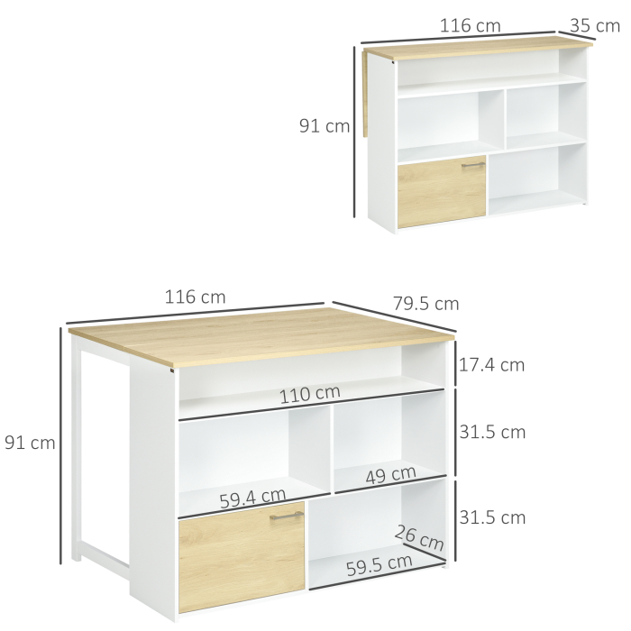  Masa pentru Bar Moderna si Extensibila din MDF pentru 2 Persoane cu 4 Rafturi deschise si Dulapior, 116x79.5x91 cm, Alb si Lemn natur [3]