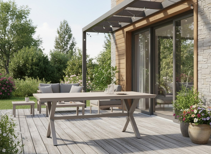 Masa pentru gradina, cadru aluminiu, blat polywood cu aspect de lemn, 180x100x75 cm, bej [7]