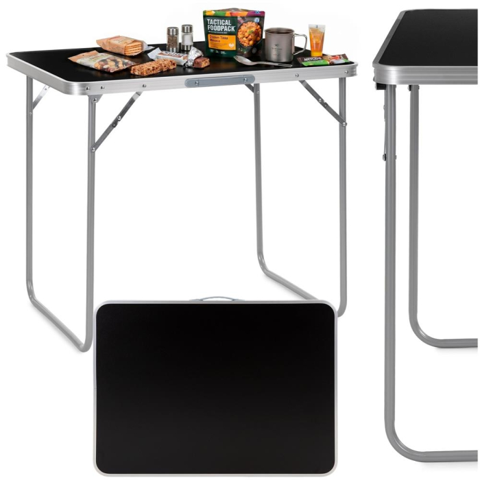 Masa pliabila camping cu maner transport, blat MDF si cadru aluminiu, 80x60x70 cm, argintiu si negru [2]