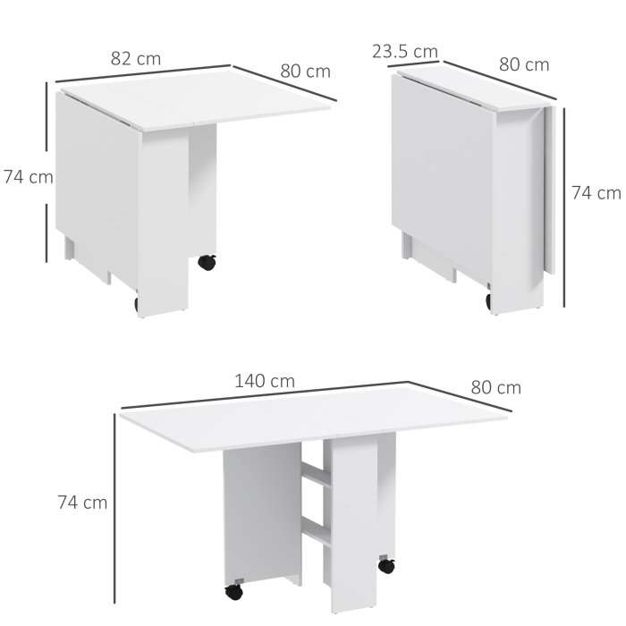  Masa Pliabila Compacta cu 2 Extensii pentru 6 Persoane, cu Rafturi si Roti, Alba [3]