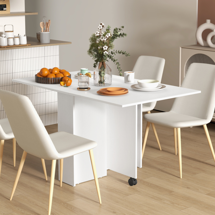  Masa Pliabila Compacta cu 2 Extensii pentru 6 Persoane, cu Rafturi si Roti, Alba [2]