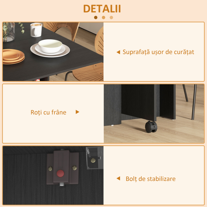  Masa pliabila compacta cu 2 extensii pentru 6 persoane, cu rafturi si roti, negru [5]