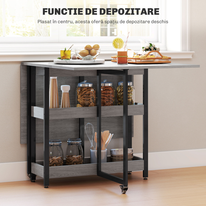  Masa Pliabila cu 2 Extensii pentru 4 Persoane cu 2 Rafturi Deschise, din Lemn si Metal, 133.4x80x75 cm, Gri [5]