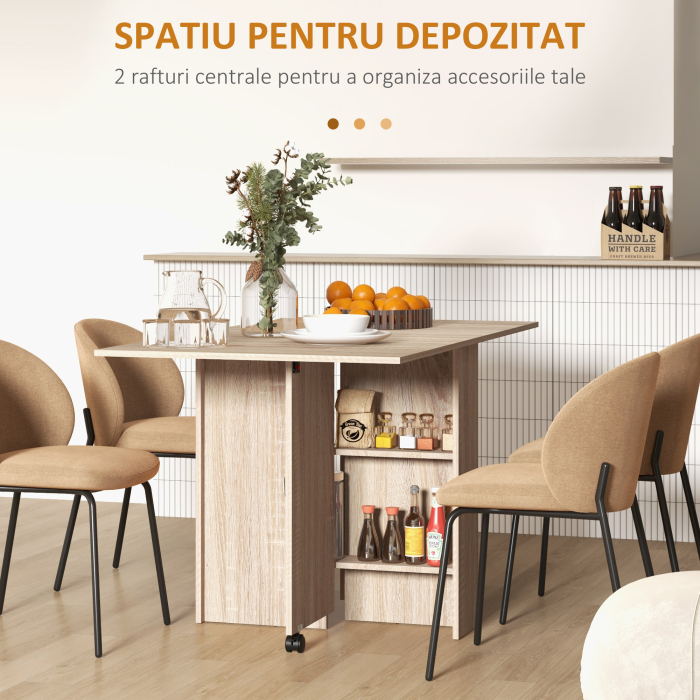  Masa Pliabila cu 2 Extensii pentru 6 Persoane, cu Rafturi si Roti Integrate, Lemn Natural [5]