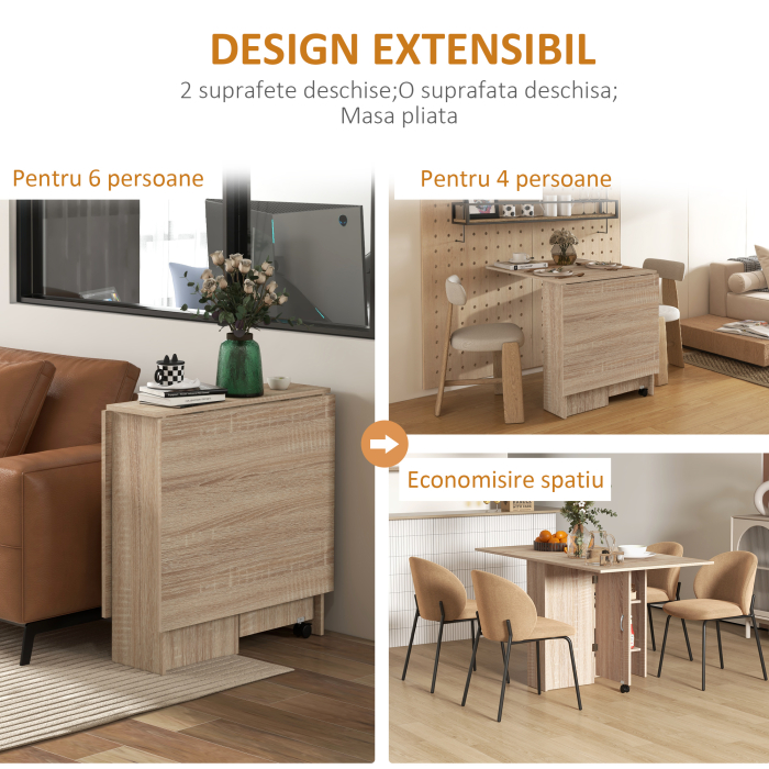  Masa Pliabila cu 2 Extensii pentru 6 Persoane, cu Rafturi si Roti Integrate, Lemn Natural [4]