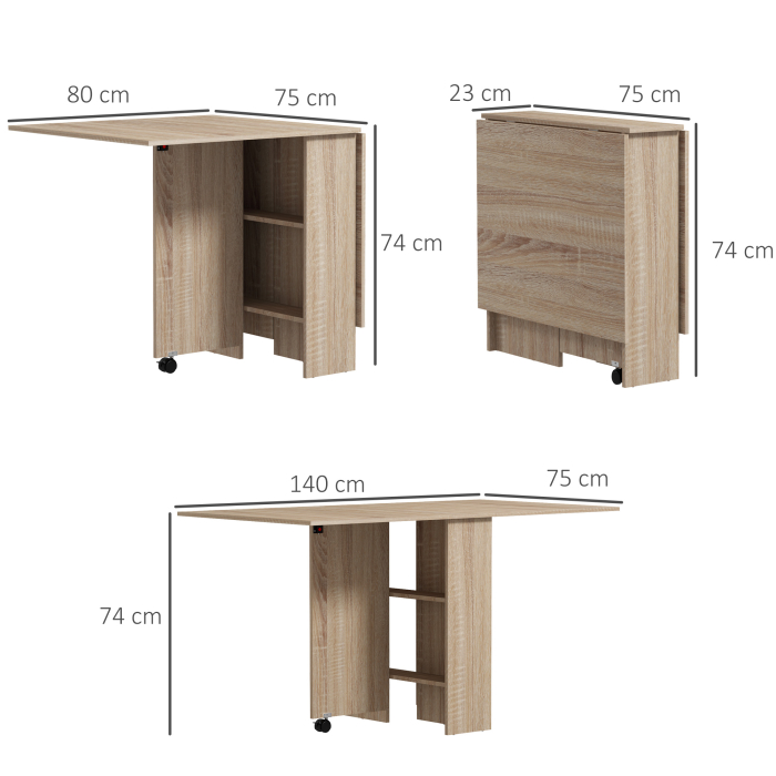  Masa Pliabila cu 2 Extensii pentru 6 Persoane, cu Rafturi si Roti Integrate, Lemn Natural [3]
