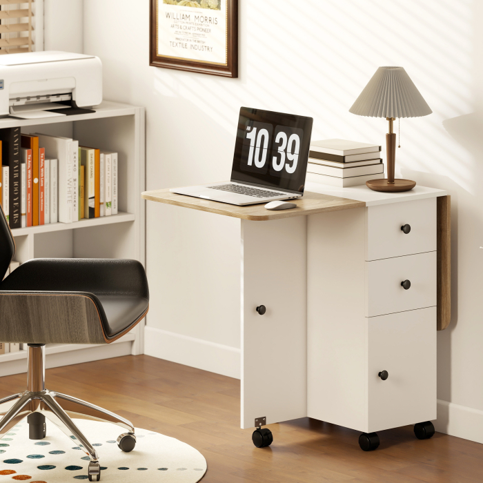  Masa pliabila cu 2 sertare si dulap, 6 roti si frane, 120x60x76.5 cm, alb si stejar [8]