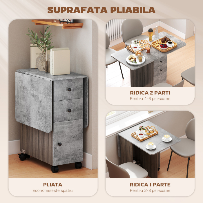  Masa pliabila cu 2 sertare si dulap, 6 roti si frane, 120x60x76,5 cm, gri lemn si piatra [5]