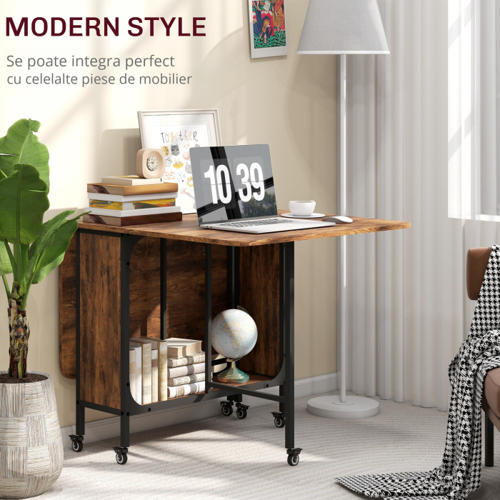  Masa Pliabila cu 6 Roti si Raft Stil Industrial din Lemn si Metal, Maro Rustic [4]