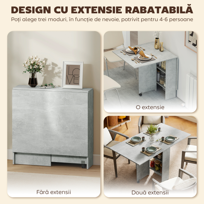  Masa Pliabila din Lemn pentru 4-6 Persoane cu Roti, 75x140x74cm, Gri [4]