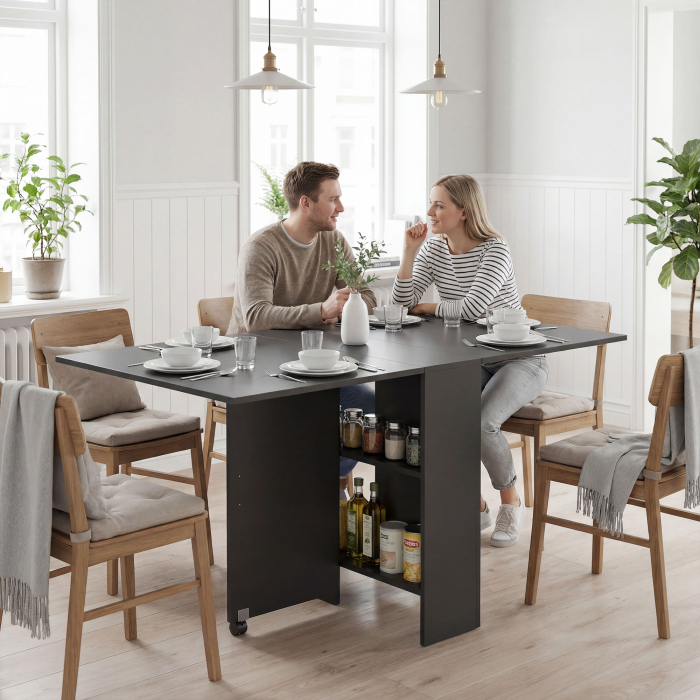  Masa Pliabila din Lemn pentru 4-6 Persoane cu Roti, 75x140x74cm, Neagra [2]