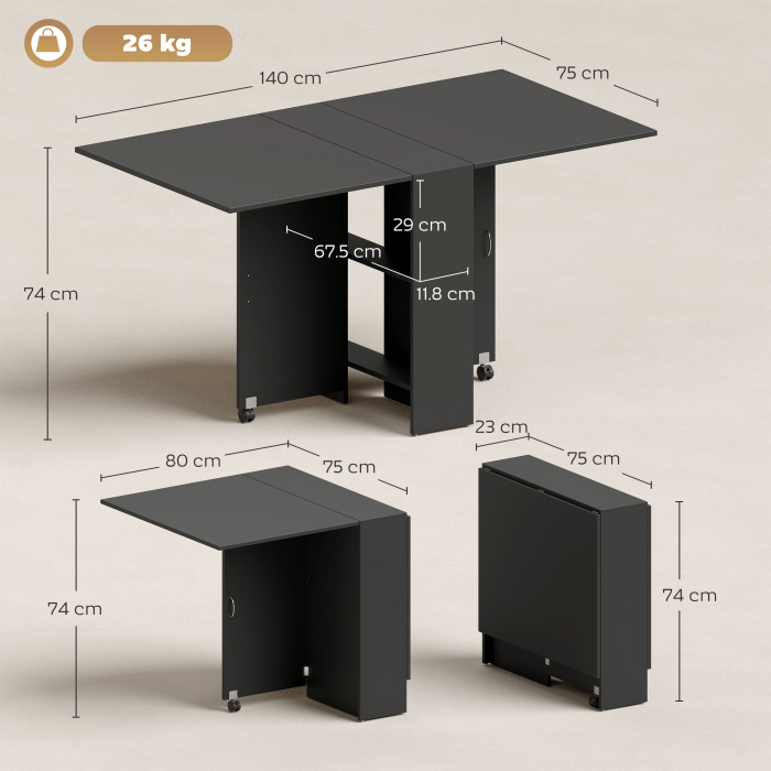  Masa Pliabila din Lemn pentru 4-6 Persoane cu Roti, 75x140x74cm, Neagra [3]