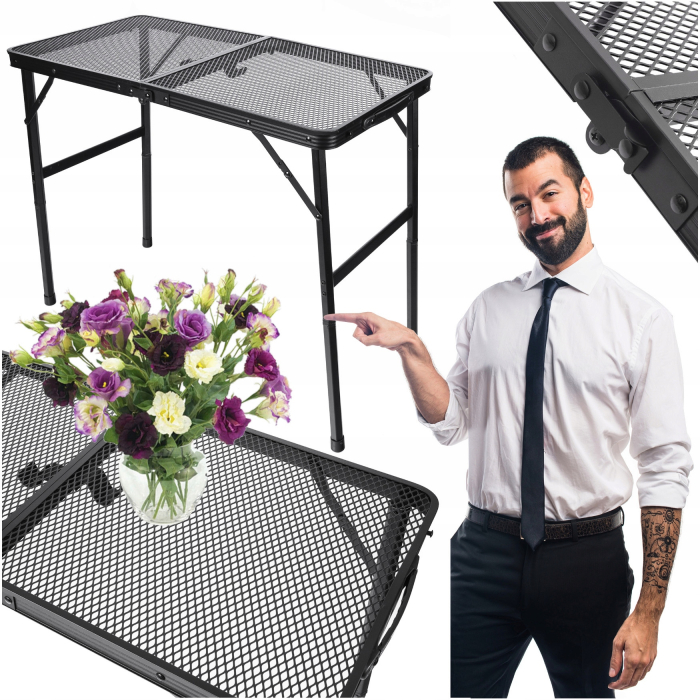 Masa pliabila metalica pentru gradina sau drumetie, 80x40x66cm, inaltime reglabila, neagra [2]